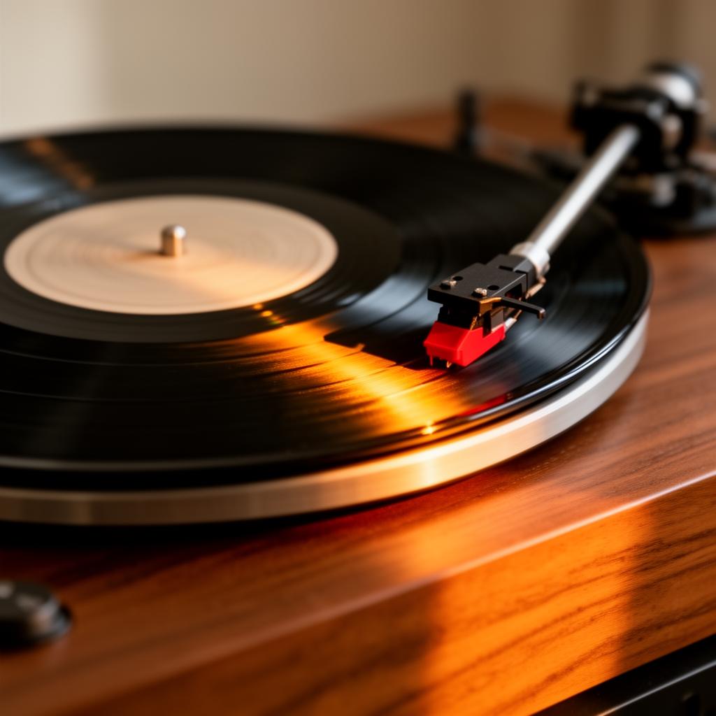 Vinyl record spinning on a warm wood turntable