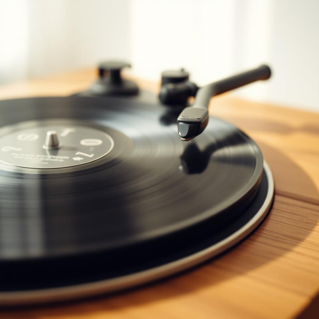 A vinyl record resting on a warm wood turntable in soft daylight
