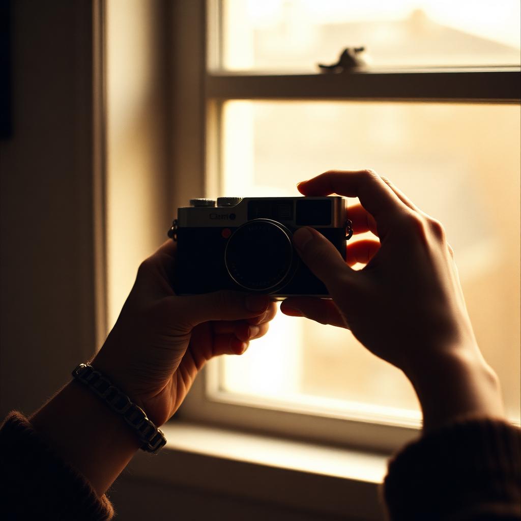 A worn film camera resting on a wooden surface in soft daylight