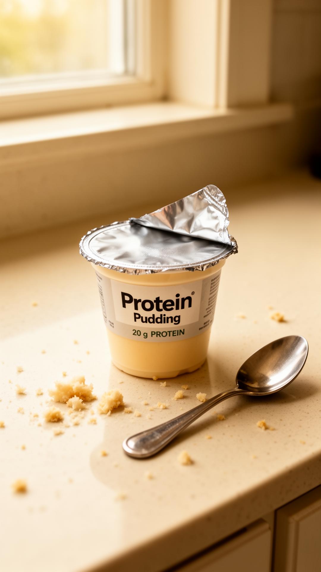 An unbranded protein bar and a tall functional drink can on a plain surface