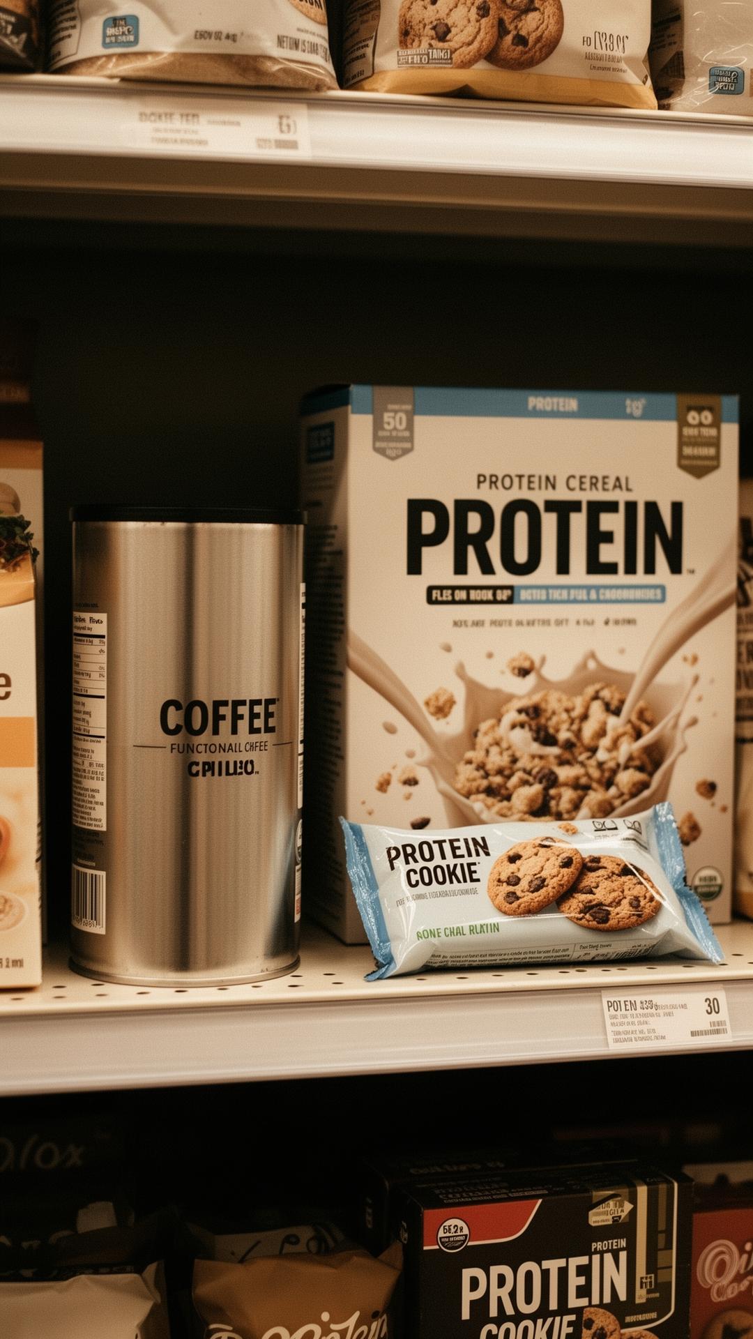 A grocery shelf row of pastel functional packaging with bold gram counts and no readable brand names