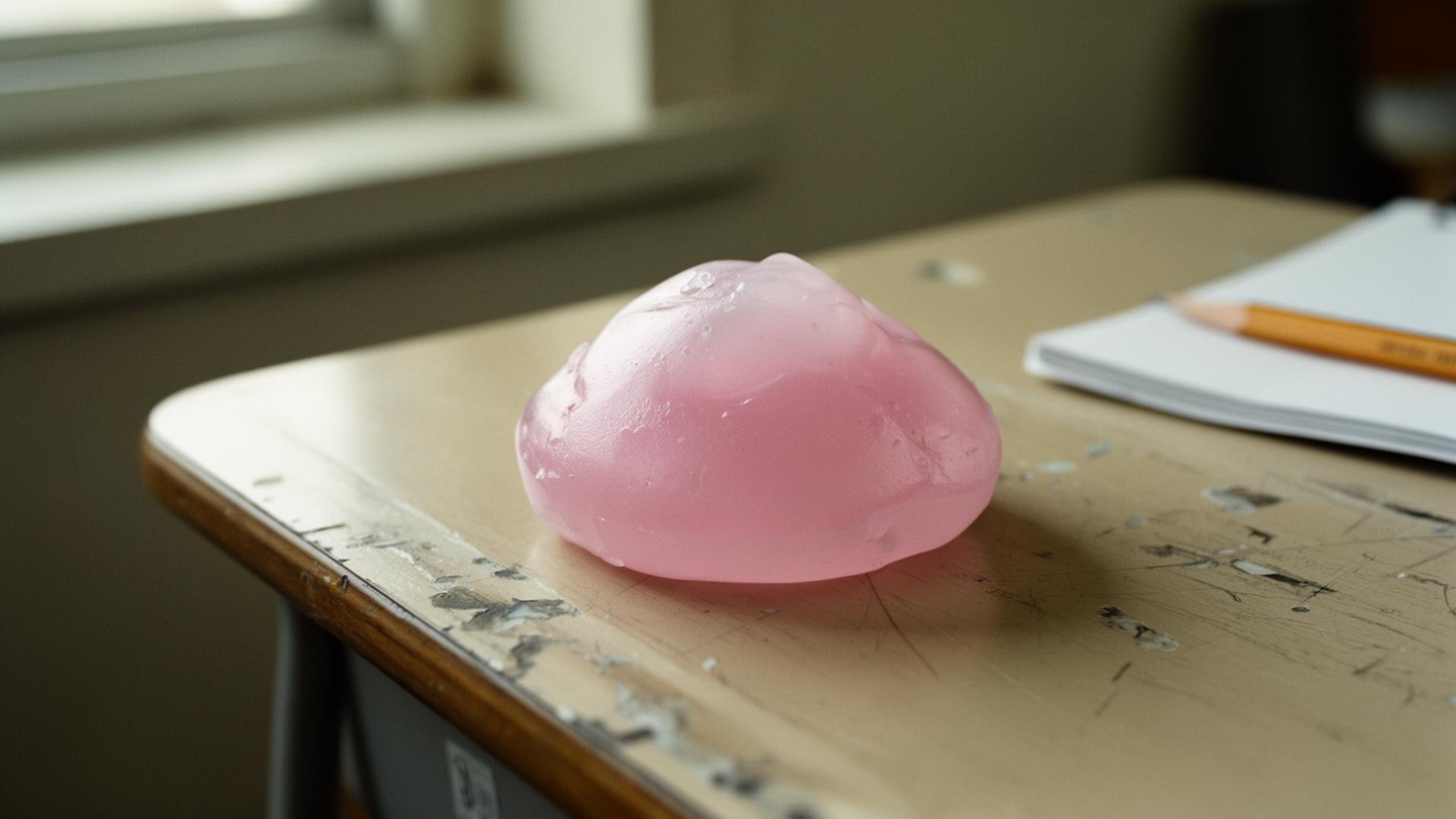 Soft pink jelly squishy toy resting on a worn wooden school desk in window light